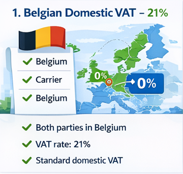 Mapa da Bélgica com rotas de transporte a mostrar a aplicação do IVA nacional de 21% em faturas da ExusTrans