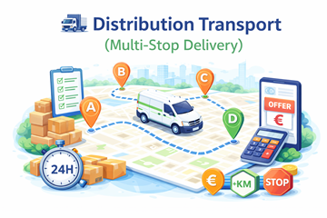 Transporte de distribuição com múltiplas paragens de entrega numa rota, mostrando logística multi-paragem e preços flexíveis