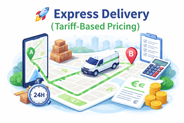 Transporte de entrega expresso com rota do ponto A ao ponto B, mostrando preço com base na distância e envio rápido