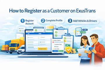 Como se registar como cliente na plataforma ExusTrans com validação da empresa, configuração do perfil e gestão de transportes