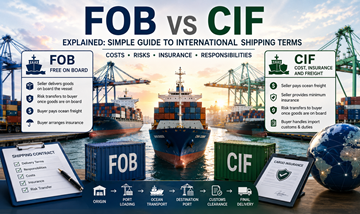 Comparação entre os termos de envio FOB e CIF com transporte de carga em navio porta-contentores e operações de logística internacional