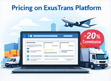 Painel da plataforma de preços da ExusTrans a mostrar opções de transporte express, preço fixo e distribuição com sistema de comissão de 20 por cento