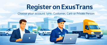 Página de registo na ExusTrans com três tipos de conta para clientes, transportadoras e particulares em toda a Europa