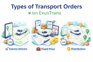 Visão geral de ordens de transporte expresso, preço fixo e distribuição na ExusTrans, com ilustração de planeamento de rota e preço